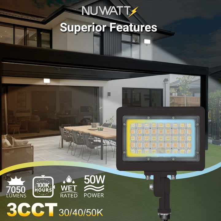 50W Bronze Flood Light LED Outdoor Security Lights - Waterproof - 3CCT 3000K-5000K - 7050LM - Knuckle Mount