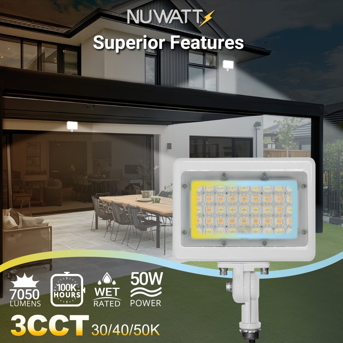 Liteler 50W LED Flood Light (2-Pack) – 5000 Lumen, IP66 Waterproof, 6000-6500K Cool White – Outdoor Security & Landscape Lighting