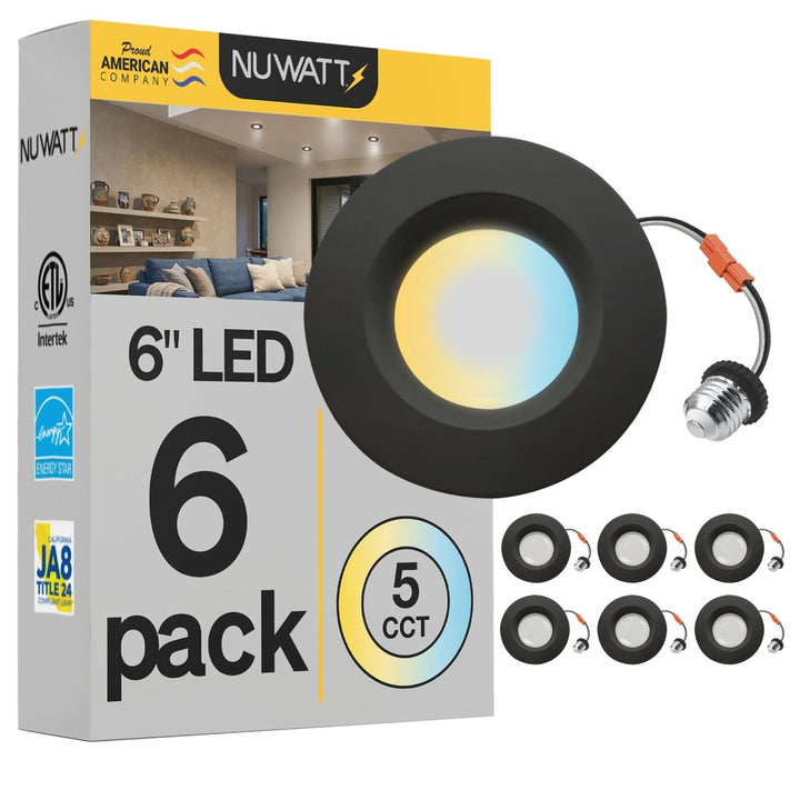 5/6" Inch Black Retrofit LED Recessed Can Lights - Wet Rated - 5CCT 2700K-5000K - 1300LM