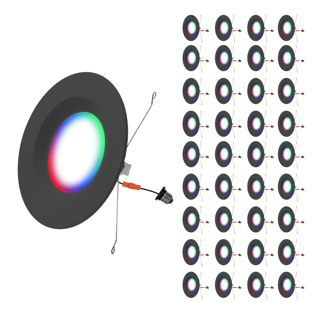 5/6" Inch Black Retrofit LED Recessed Can Lights - Wet Rated - Smart Color Changing Red/Green/Blue - 1000LM
