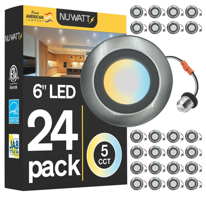 5/6" Inch Brushed Nickel Retrofit LED Recessed Can Lights - Wet Rated - 5CCT 2700K-5000K - 1300LM