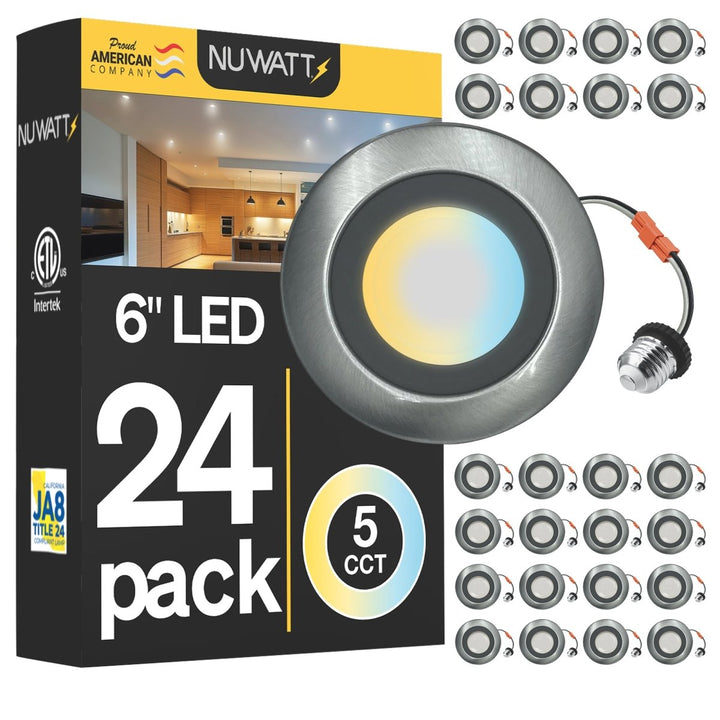 5/6" Inch Brushed Nickel Retrofit LED Recessed Can Lights - Wet Rated - 5CCT 2700K-5000K - 1300LM