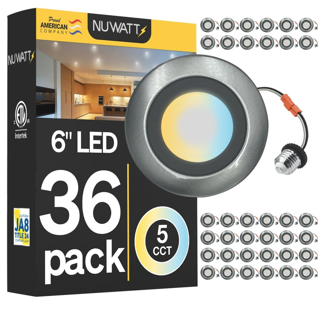 5/6" Inch Brushed Nickel Retrofit LED Recessed Can Lights - Wet Rated - 5CCT 2700K-5000K - 1300LM
