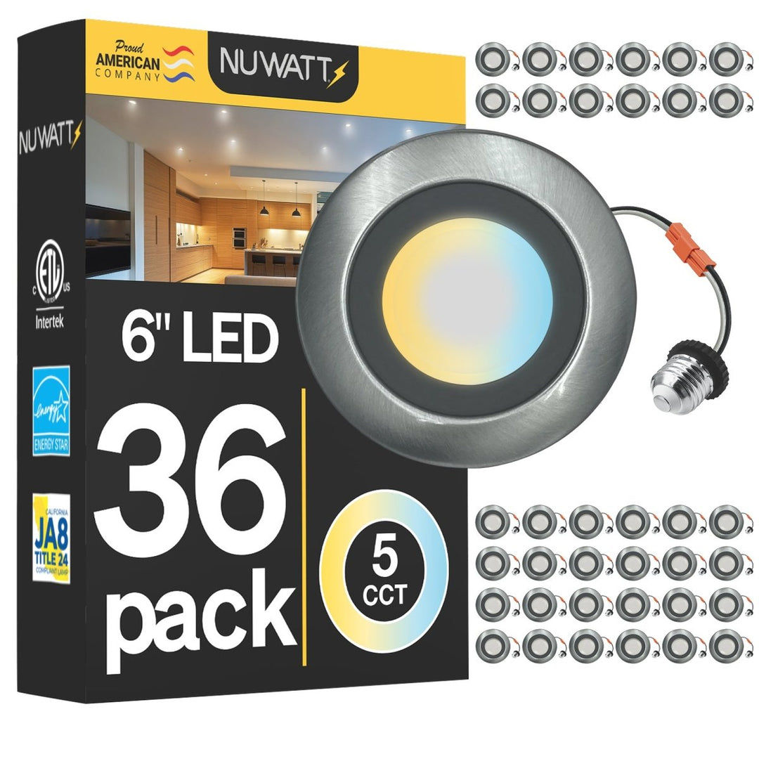 5/6" Inch Brushed Nickel Retrofit LED Recessed Can Lights - Wet Rated - 5CCT 2700K-5000K - 1300LM