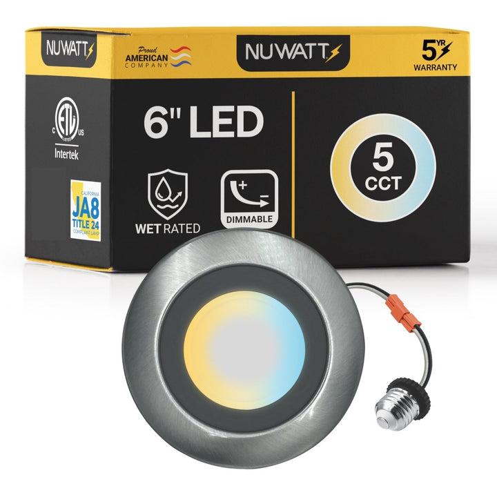 5/6" Inch Brushed Nickel Retrofit LED Recessed Can Lights - Wet Rated - 5CCT 2700K-5000K - 1300LM