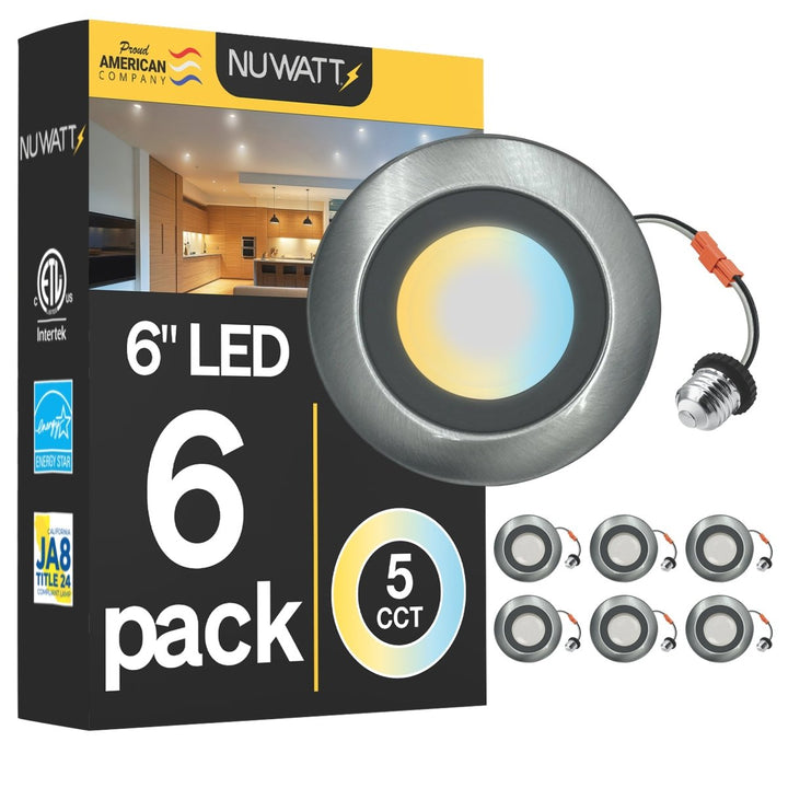 5/6" Inch Brushed Nickel Retrofit LED Recessed Can Lights - Wet Rated - 5CCT 2700K-5000K - 1300LM