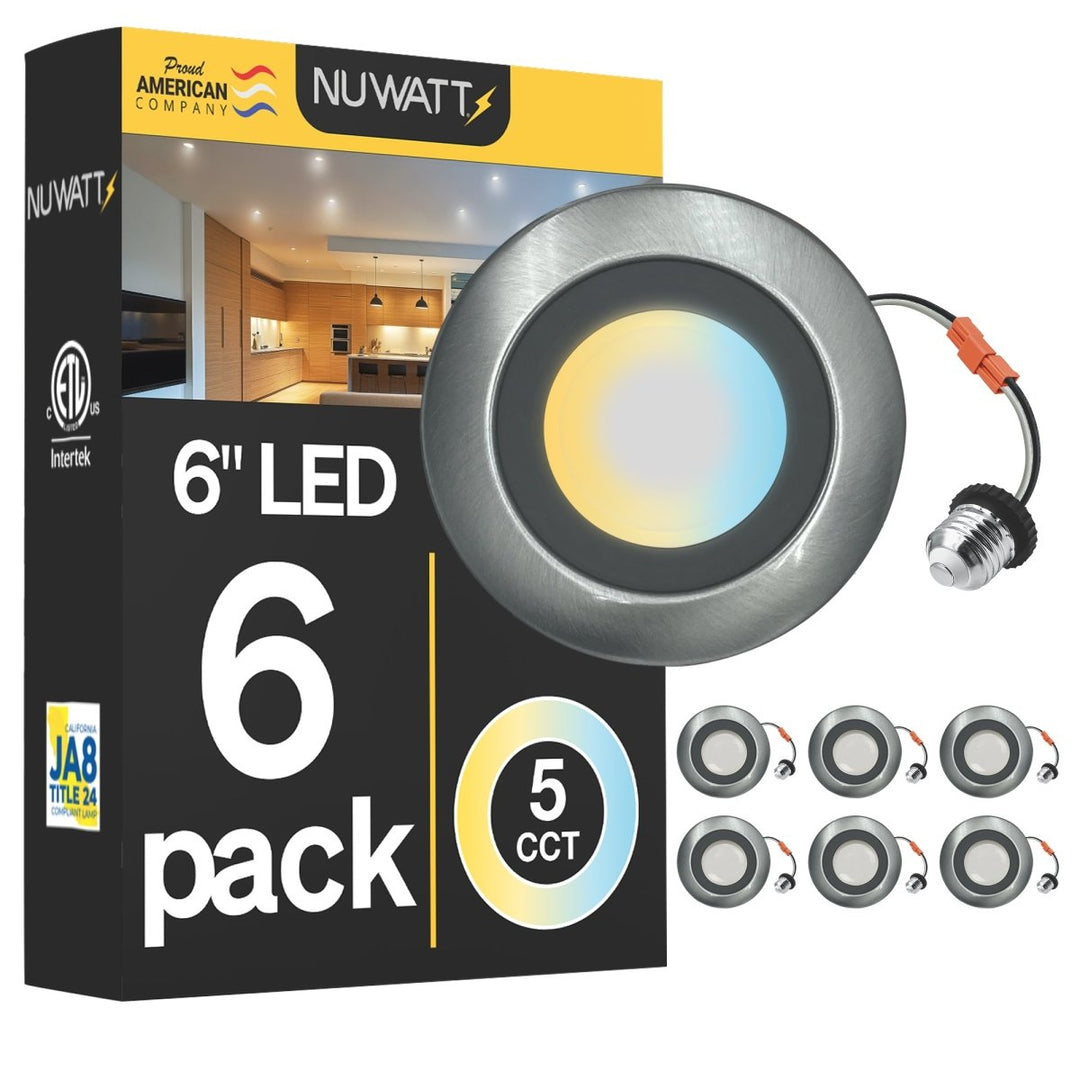 5/6" Inch Brushed Nickel Retrofit LED Recessed Can Lights - Wet Rated - 5CCT 2700K-5000K - 1300LM