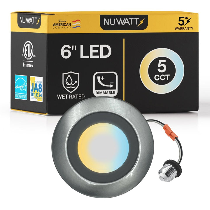 5/6" Inch Brushed Nickel Retrofit LED Recessed Can Lights - Wet Rated - 5CCT 2700K-5000K - 1300LM