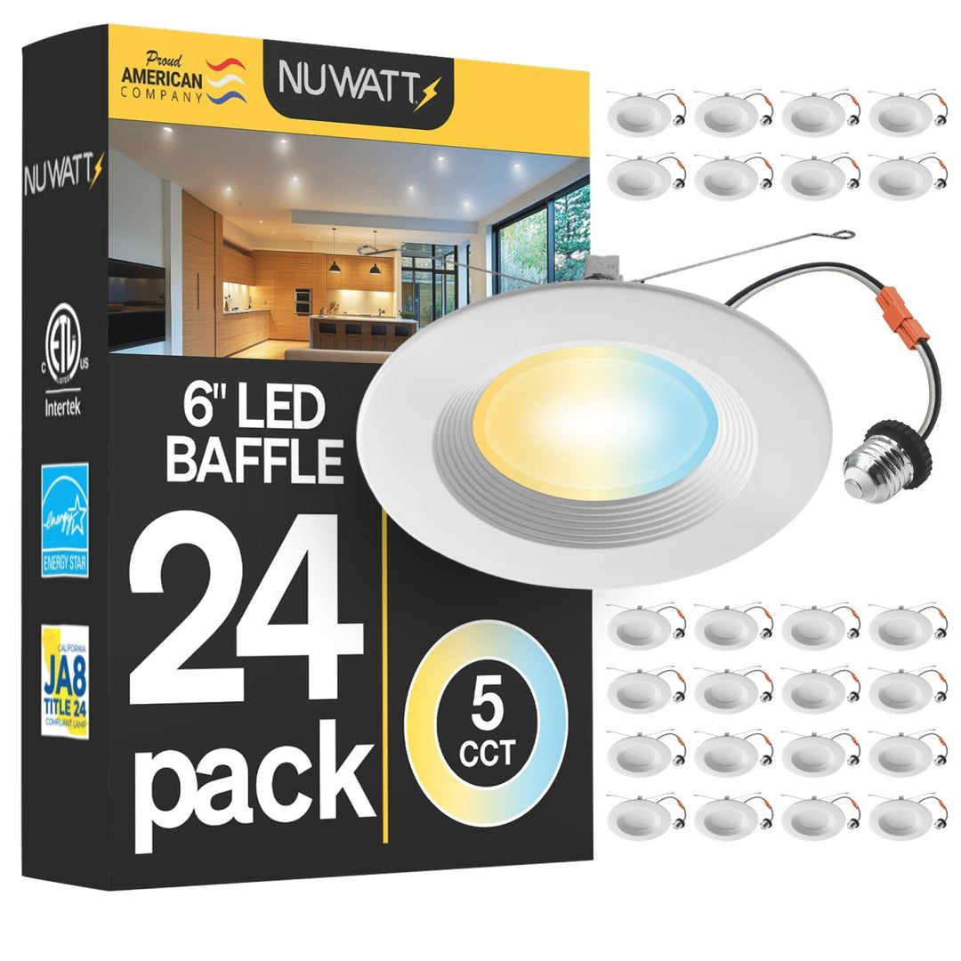 5/6" Inch Retrofit Baffle LED Recessed Can Lights - Wet Rated - 5CCT 2700K-5000K - 1500LM