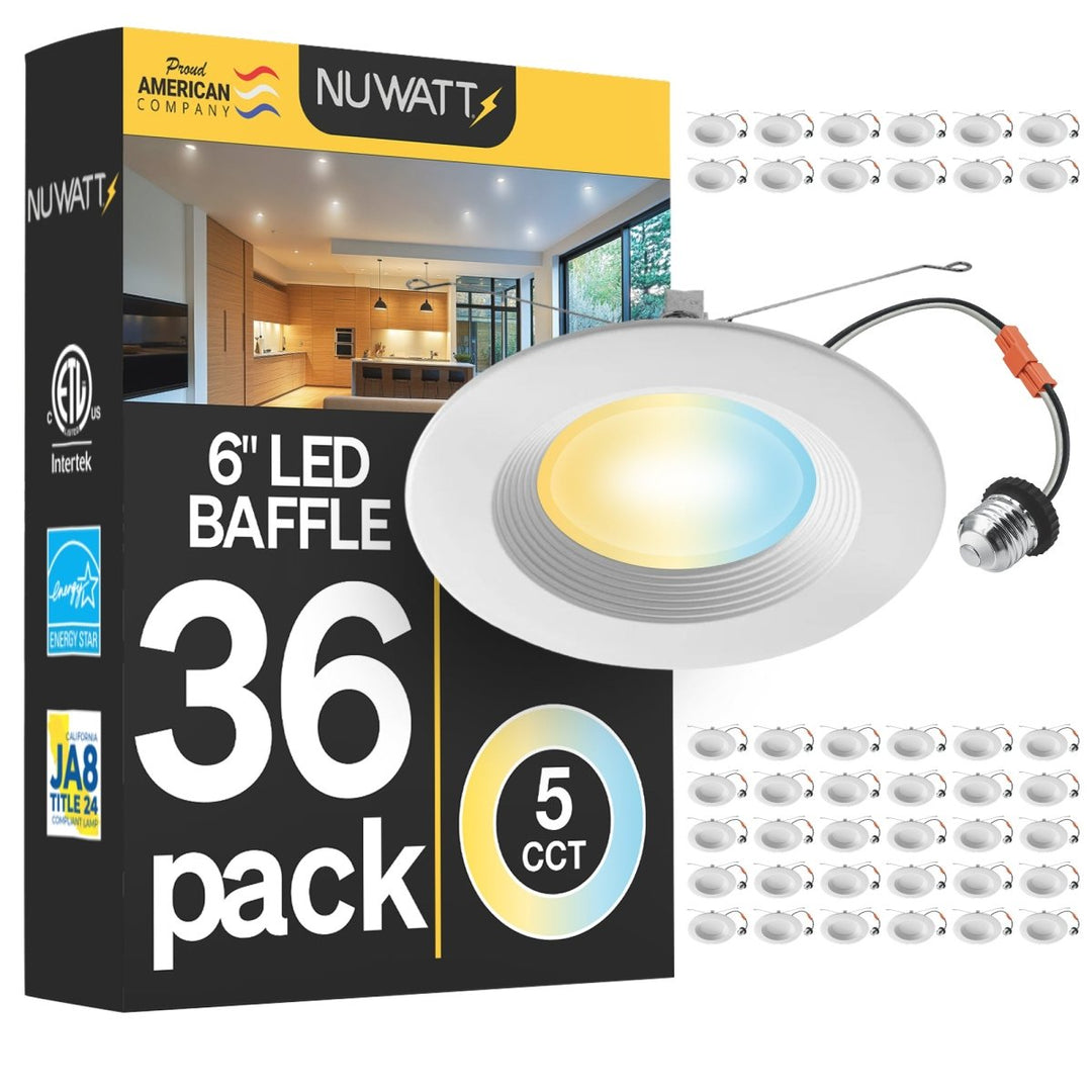 5/6" Inch Retrofit Baffle LED Recessed Can Lights - Wet Rated - 5CCT 2700K-5000K - 1500LM