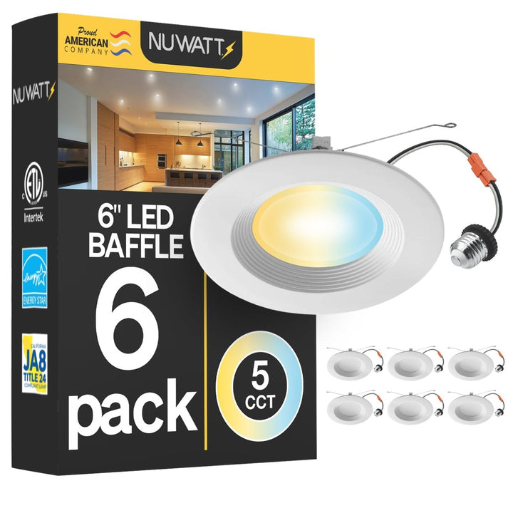 5/6" Inch Retrofit Baffle LED Recessed Can Lights - Wet Rated - 5CCT 2700K-5000K - 1500LM