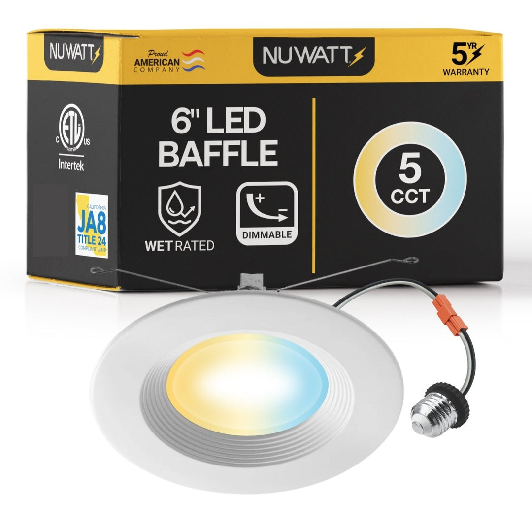 5/6" Inch Retrofit Baffle LED Recessed Can Lights - Wet Rated - 5CCT 2700K-5000K - 1500LM | Nuwatt Lighting