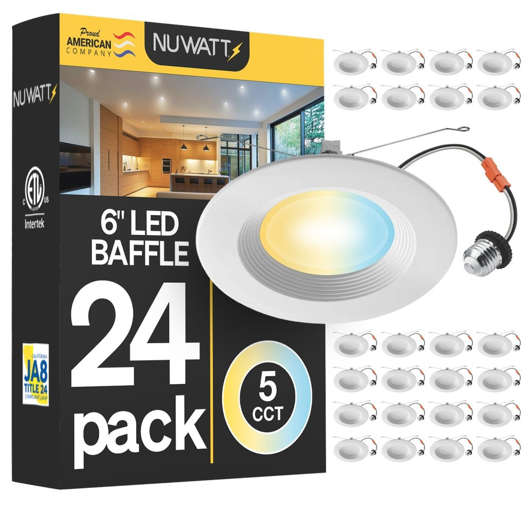 5/6" Inch Retrofit Baffle LED Recessed Can Lights - Wet Rated - 5CCT 2700K-5000K - 1500LM | Nuwatt Lighting