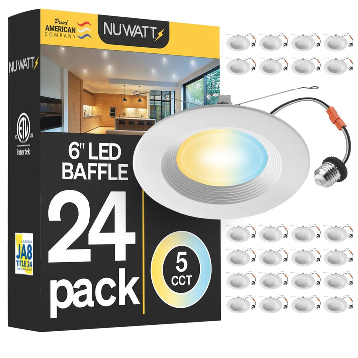 5/6" Inch Retrofit Baffle LED Recessed Can Lights - Wet Rated - 5CCT 2700K-5000K - 1500LM | Nuwatt Lighting