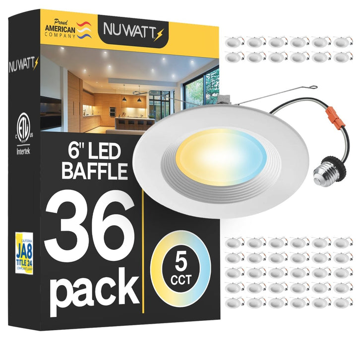 5/6" Inch Retrofit Baffle LED Recessed Can Lights - Wet Rated - 5CCT 2700K-5000K - 1500LM | Nuwatt Lighting