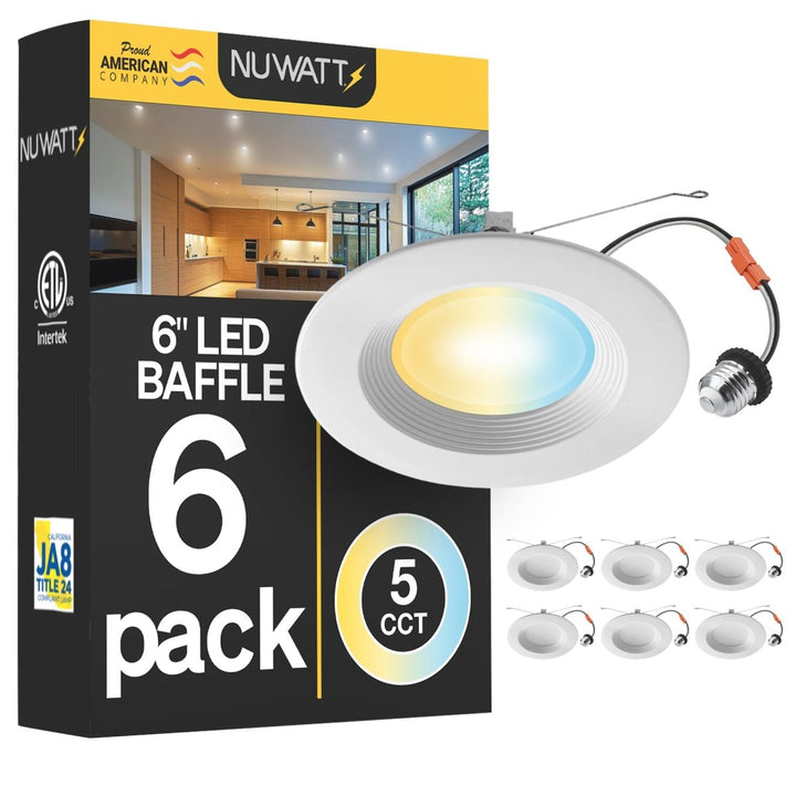 5/6" Inch Retrofit Baffle LED Recessed Can Lights - Wet Rated - 5CCT 2700K-5000K - 1500LM | Nuwatt Lighting