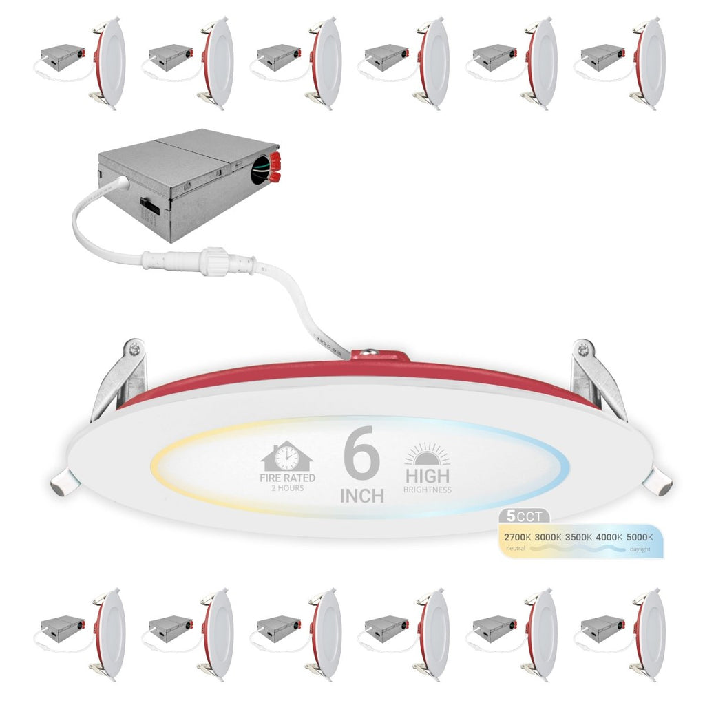 6" Inch 2 Hour Fire Rated Recessed Light Slim Canless LED Wafer Lights - Wet Rated - 5CCT 2700K-5000K - 1200LM