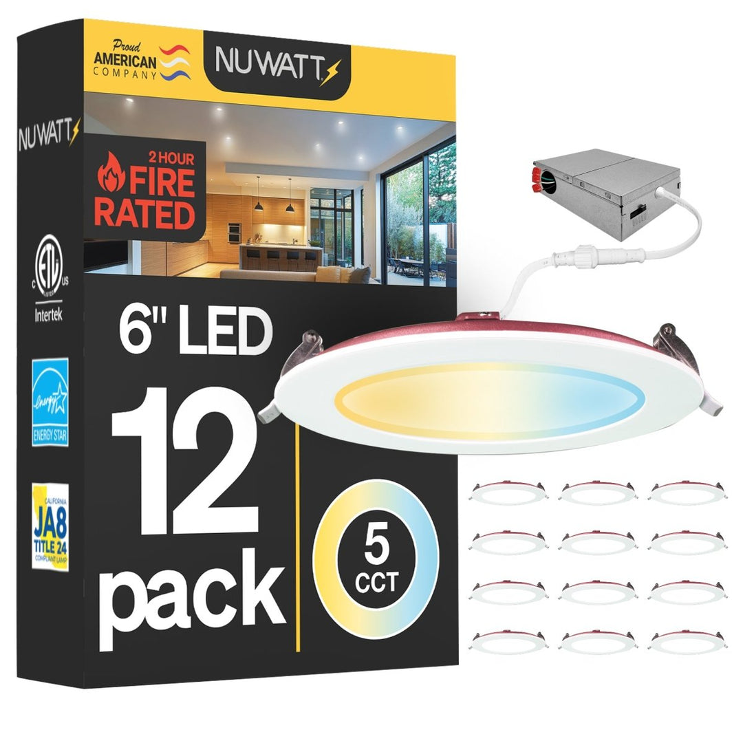 6" Inch 2 Hour Fire Rated Recessed Light Slim Canless LED Wafer Lights - Wet Rated - 5CCT 2700K-5000K - 1200LM