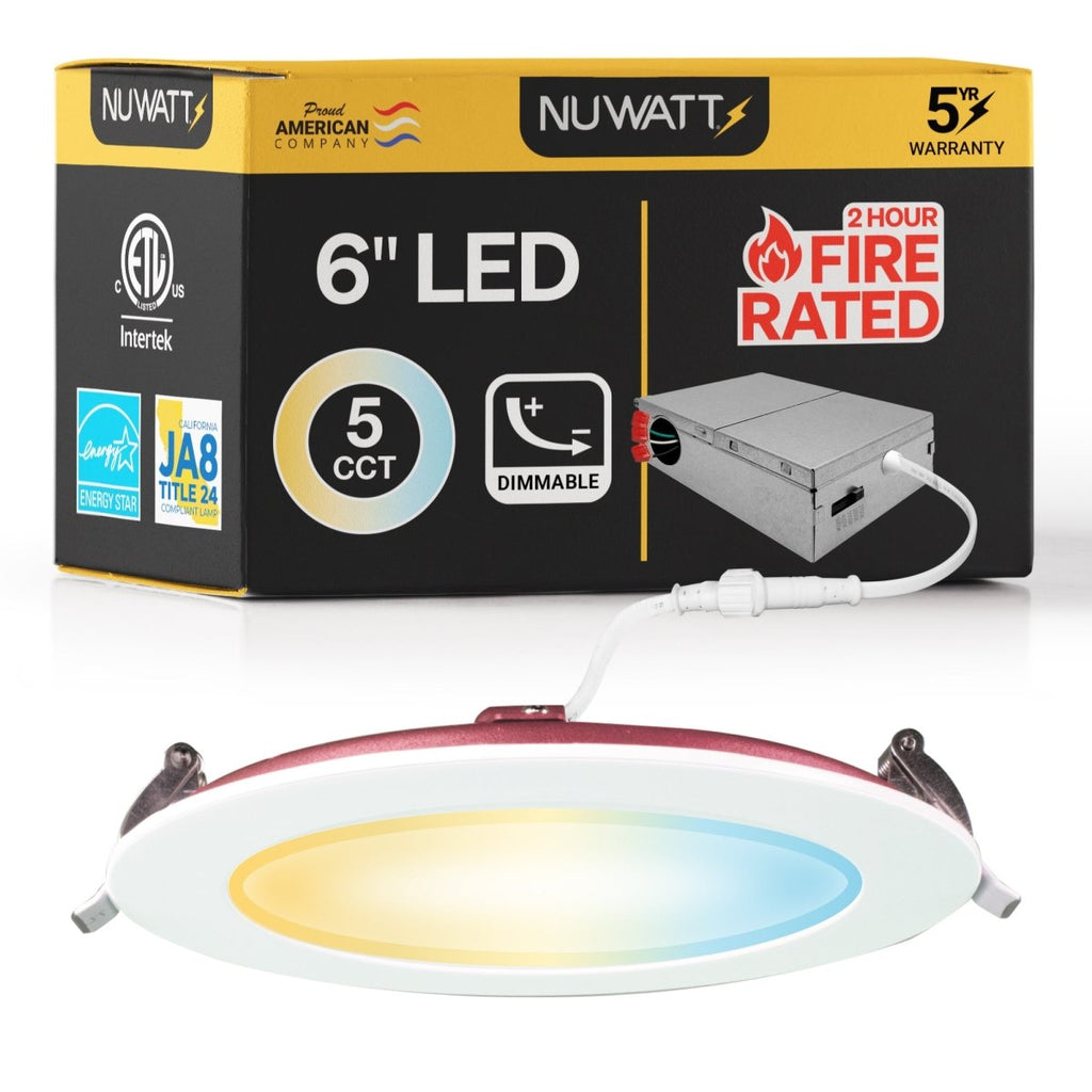 6" Inch 2 Hour Fire Rated Recessed Light Slim Canless LED Wafer Lights - Wet Rated - 5CCT 2700K-5000K - 1200LM