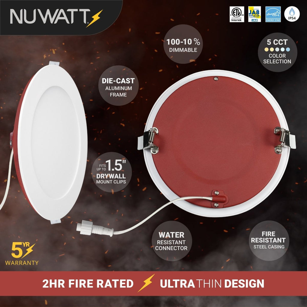 6" Inch 2 Hour Fire Rated Recessed Light Slim Canless LED Wafer Lights - Wet Rated - 5CCT 2700K-5000K - 1200LM