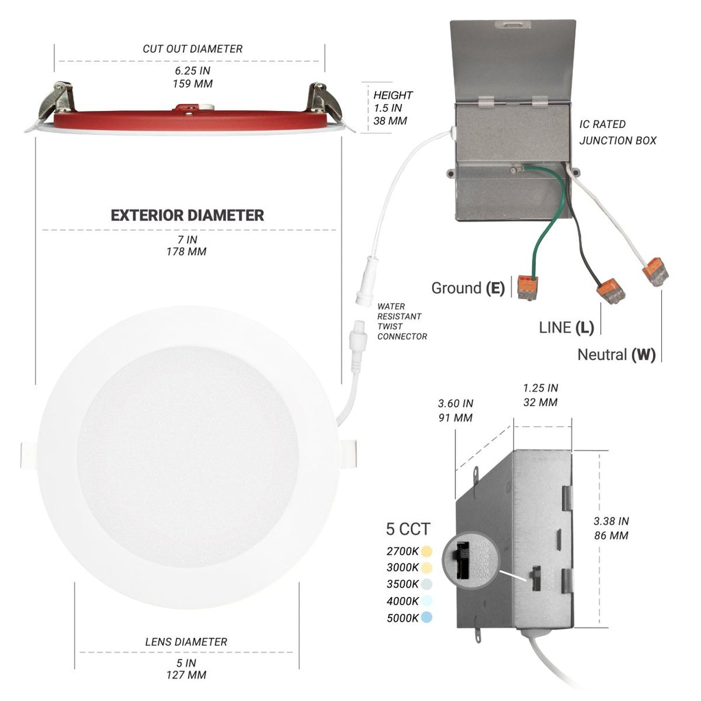 6" Inch 2 Hour Fire Rated Recessed Light Slim Canless LED Wafer Lights - Wet Rated - 5CCT 2700K-5000K - 1200LM