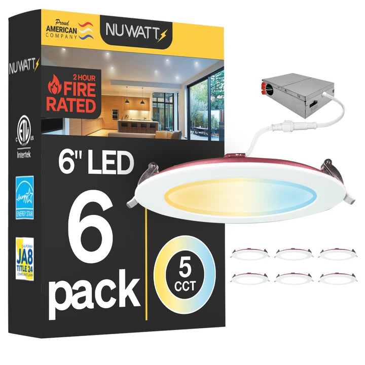 6" Inch 2 Hour Fire Rated Recessed Light Slim Canless LED Wafer Lights - Wet Rated - 5CCT 2700K-5000K - 1200LM