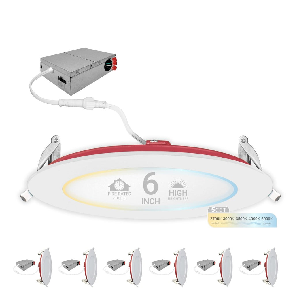 6" Inch 2 Hour Fire Rated Recessed Light Slim Canless LED Wafer Lights - Wet Rated - 5CCT 2700K-5000K - 1200LM