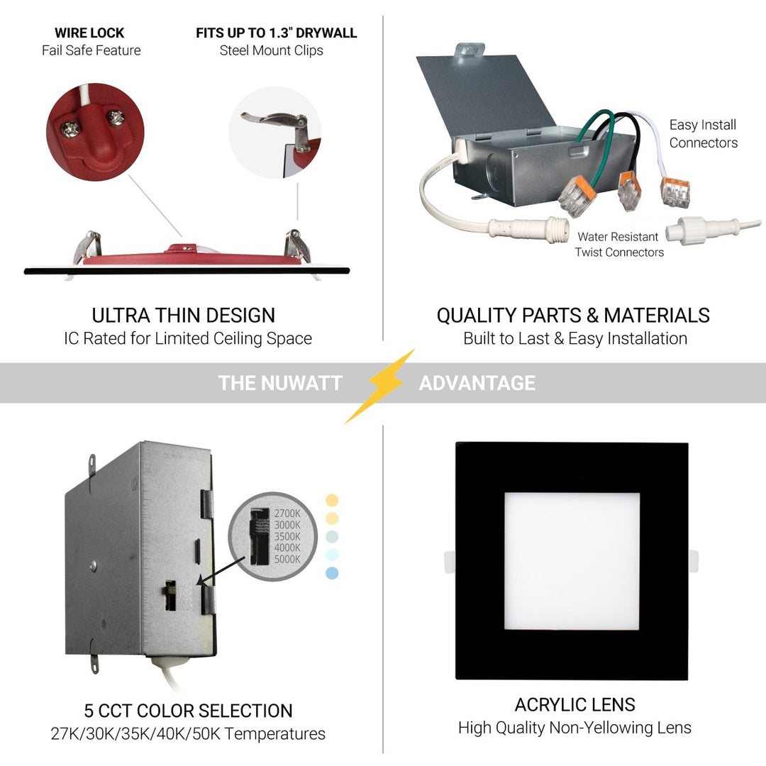 6" Inch Black Square 2 Hour Fire Rated Recessed Light Slim Canless LED Wafer Lights - Emergency Battery Back Up Installed - Wet Rated - 5CCT 2700K-5000K - 1200LM