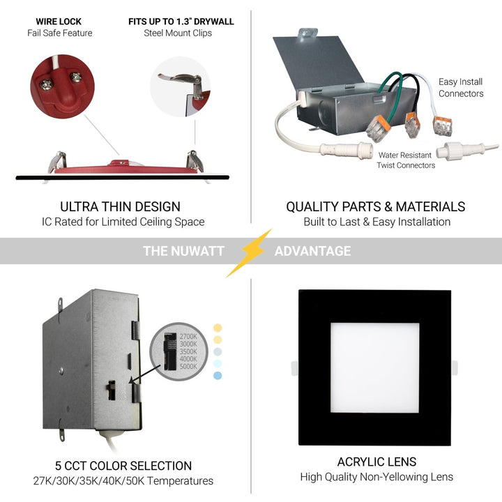 6" Inch Black Square 2 Hour Fire Rated Recessed Light Slim Canless LED Wafer Lights - Emergency Battery Back Up Installed - Wet Rated - 5CCT 2700K-5000K - 1200LM