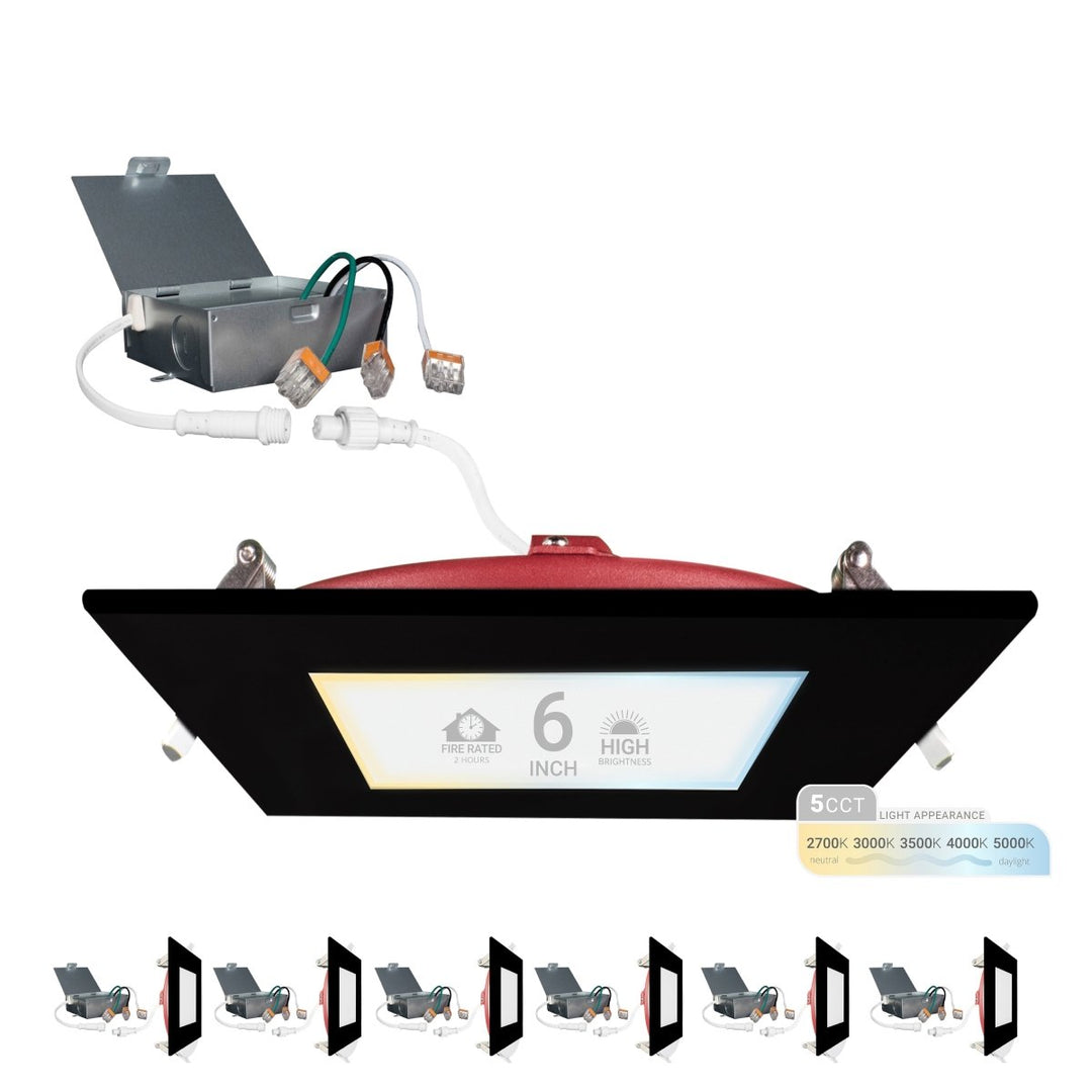 6" Inch Black Square 2 Hour Fire Rated Recessed Light Slim Canless LED Wafer Lights - Emergency Battery Back Up Installed - Wet Rated - 5CCT 2700K-5000K - 1200LM