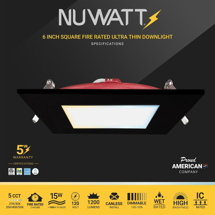 6" Inch Black Square 2 Hour Fire Rated Recessed Light Slim Canless LED Wafer Lights - Emergency Battery Back Up Installed - Wet Rated - 5CCT 2700K-5000K - 1200LM