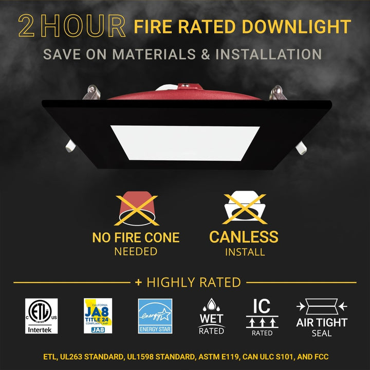 6" Inch Black Square 2 Hour Fire Rated Recessed Light Slim Canless LED Wafer Lights - Emergency Battery Back Up Installed - Wet Rated - 5CCT 2700K-5000K - 1200LM