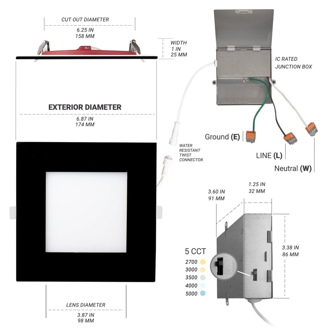 6" Inch Black Square 2 Hour Fire Rated Recessed Light Slim Canless LED Wafer Lights - Emergency Battery Back Up Installed - Wet Rated - 5CCT 2700K-5000K - 1200LM