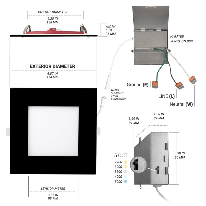 6" Inch Black Square 2 Hour Fire Rated Recessed Light Slim Canless LED Wafer Lights - Emergency Battery Back Up Installed - Wet Rated - 5CCT 2700K-5000K - 1200LM