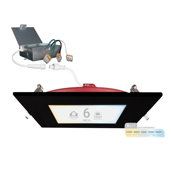 6" Inch Black Square 2 Hour Fire Rated Recessed Light Slim Canless LED Wafer Lights - Emergency Battery Back Up Installed - Wet Rated - 5CCT 2700K-5000K - 1200LM