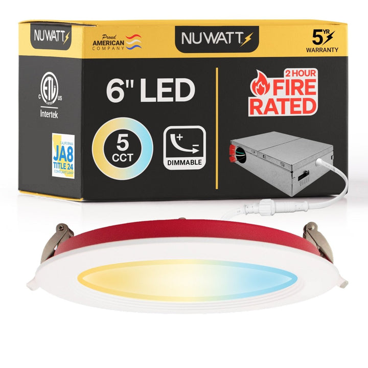 6" Inch Baffle Trim 2 Hour Fire Rated Recessed Light Slim Canless LED Wafer Lights - Wet Rated - 5CCT 2700K-5000K - 1200LM