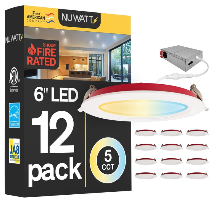 6" Inch Baffle Trim 2 Hour Fire Rated Recessed Light Slim Canless LED Wafer Lights - Wet Rated - 5CCT 2700K-5000K - 1200LM