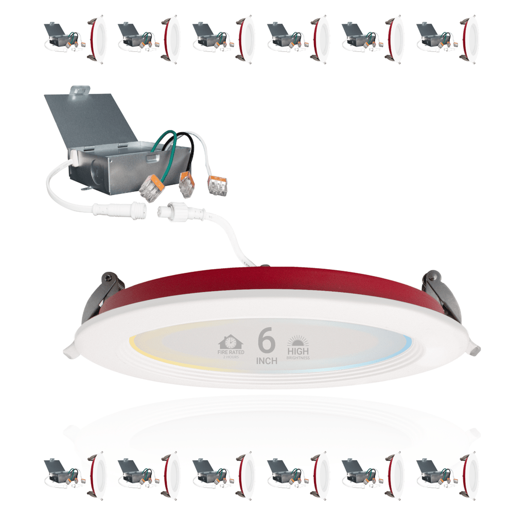 6" Inch Baffle Trim 2 Hour Fire Rated Recessed Light Slim Canless LED Wafer Lights - Wet Rated - 5CCT 2700K-5000K - 1200LM