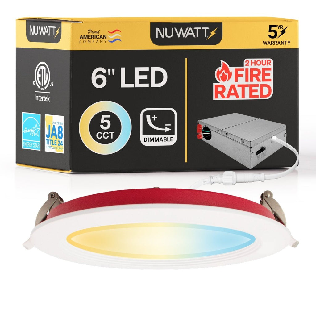 6" Inch Baffle Trim 2 Hour Fire Rated Recessed Light Slim Canless LED Wafer Lights - Wet Rated - 5CCT 2700K-5000K - 1200LM