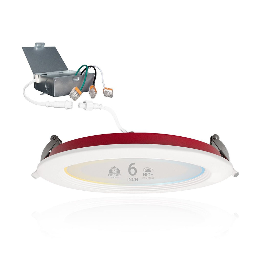 6" Inch Baffle Trim 2 Hour Fire Rated Recessed Light Slim Canless LED Wafer Lights - Wet Rated - 5CCT 2700K-5000K - 1200LM