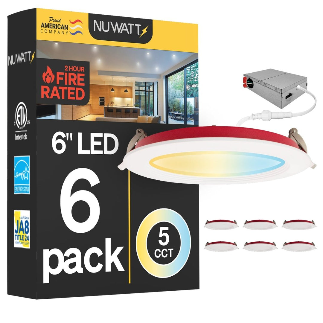6" Inch Baffle Trim 2 Hour Fire Rated Recessed Light Slim Canless LED Wafer Lights - Wet Rated - 5CCT 2700K-5000K - 1200LM