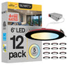 6" Inch Black 2 Hour Fire Rated Recessed Light Slim Canless LED Wafer Lights - Wet Rated - 5CCT 2700K-5000K - 1200LM