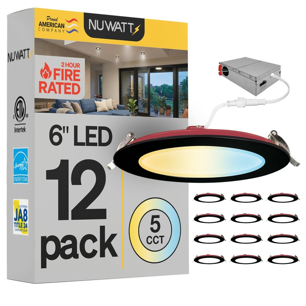 6" Inch Black 2 Hour Fire Rated Recessed Light Slim Canless LED Wafer Lights - Wet Rated - 5CCT 2700K-5000K - 1200LM