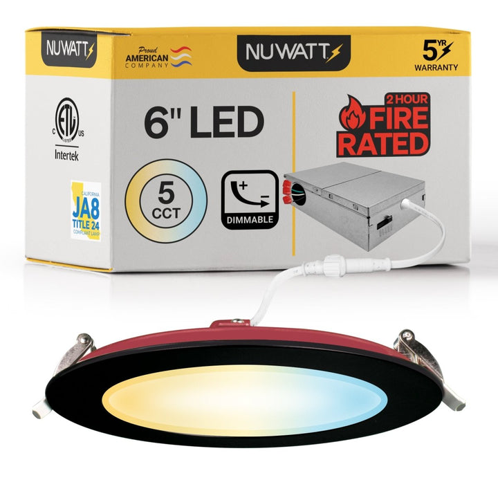 6" Inch Black 2 Hour Fire Rated Recessed Light Slim Canless LED Wafer Lights - Wet Rated - 5CCT 2700K-5000K - 1200LM