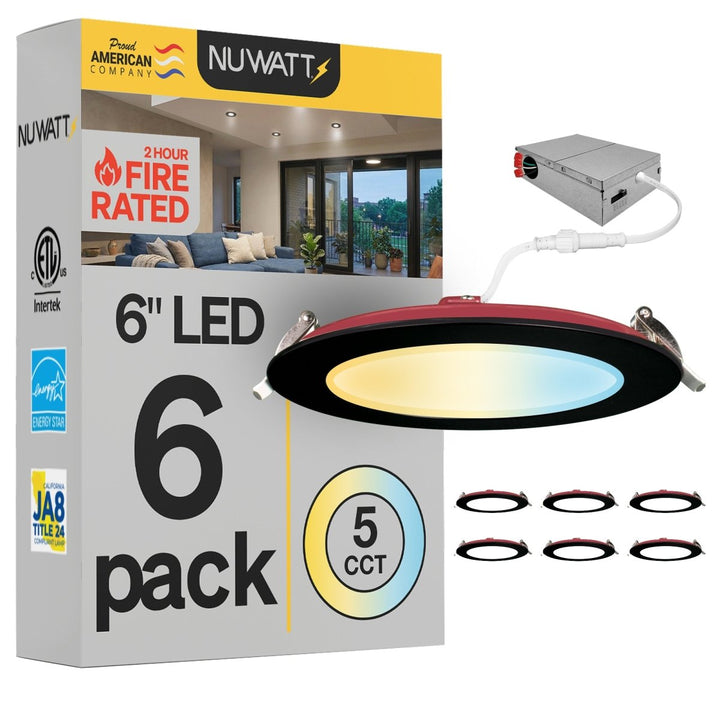 6" Inch Black 2 Hour Fire Rated Recessed Light Slim Canless LED Wafer Lights - Wet Rated - 5CCT 2700K-5000K - 1200LM