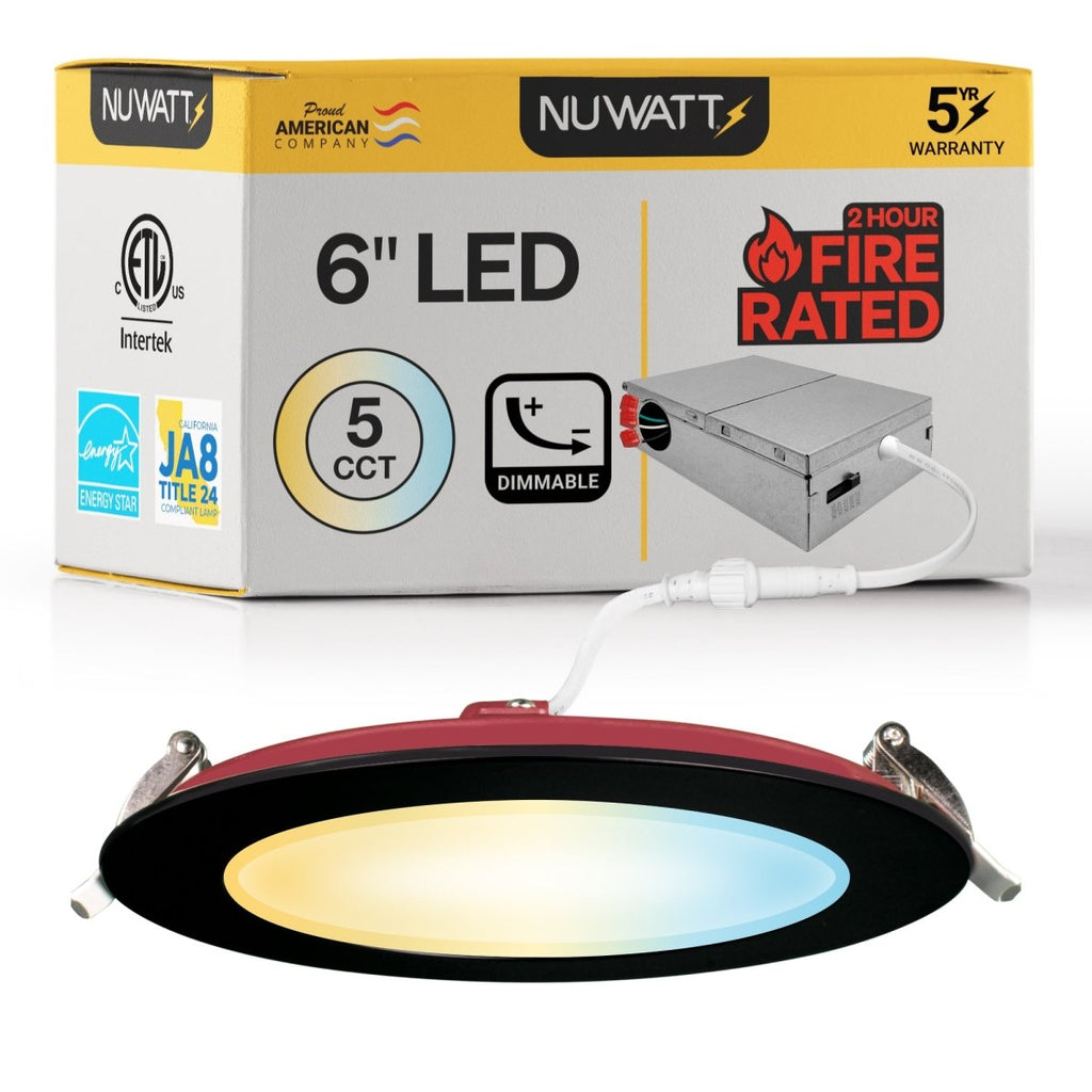 6" Inch Black 2 Hour Fire Rated Recessed Light Slim Canless LED Wafer Lights - Wet Rated - 5CCT 2700K-5000K - 1200LM