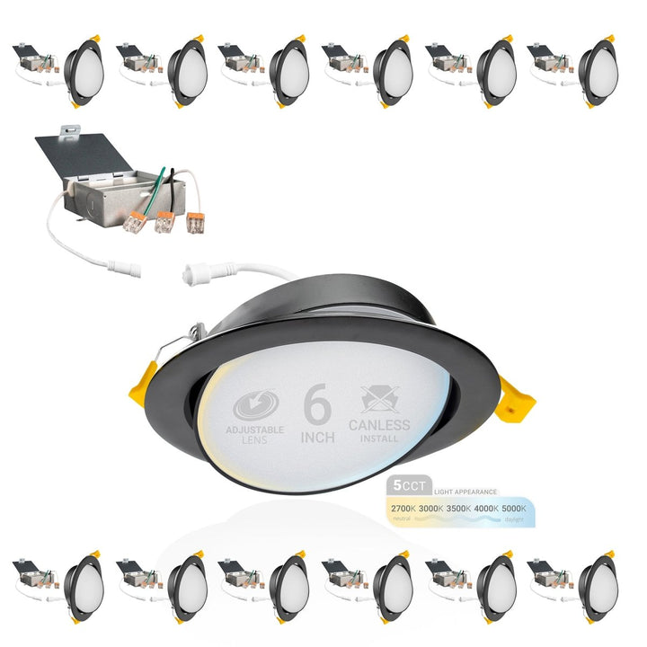 6" Inch Black Gimbal Recessed Light for Sloped Ceiling Canless LED Lighting - Damp Rated - 5CCT 2700K-5000K - 1050LM