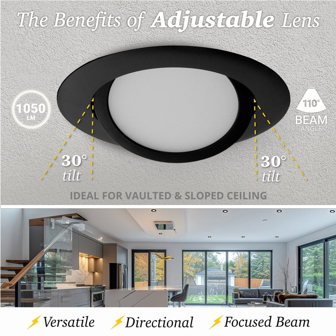 6" Inch Black Gimbal Recessed Light for Sloped Ceiling Canless LED Lighting - Damp Rated - 5CCT 2700K-5000K - 1050LM