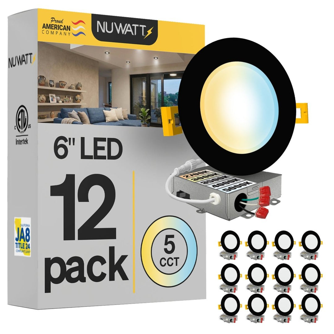 6" Inch Black Canless Recessed Lighting Slim LED Wafer Lights - Wet Rated - 5CCT 2700K-5000K - 1050LM