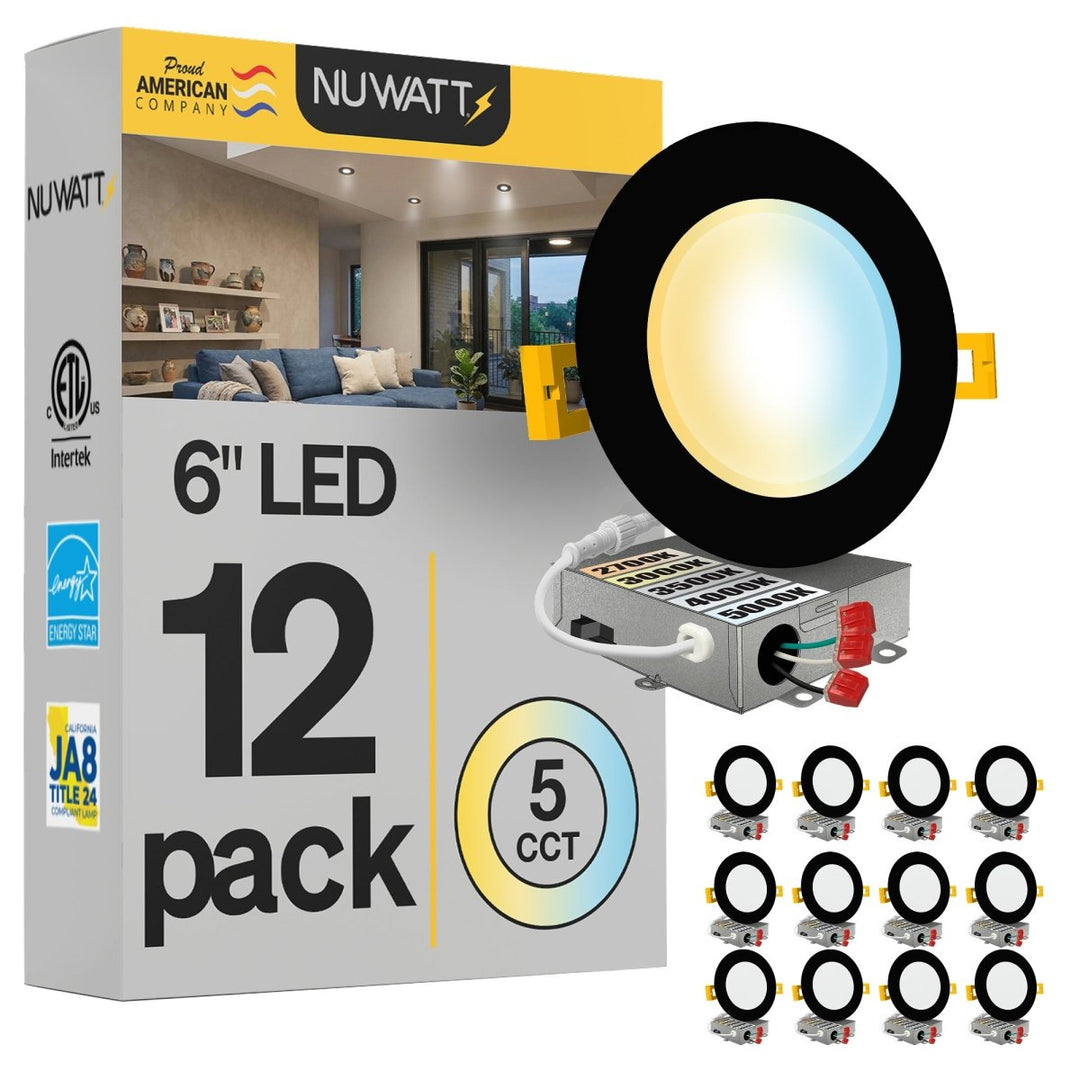 6" Inch Black Canless Recessed Lighting Slim LED Wafer Lights - Wet Rated - 5CCT 2700K-5000K - 1050LM